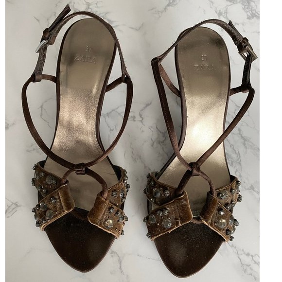 Zara Shoes - ZARA Brown Rhinestone Studded Strappy Sandals